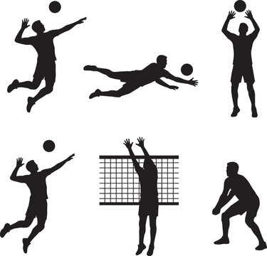 Volleyball player silhouettes set, male athletes playing volleyball vector collection, black sports figures jumping and spiking, volleyball net and ball