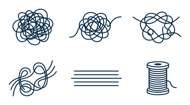Abstract tangled yarn balls and sewing thread spool set