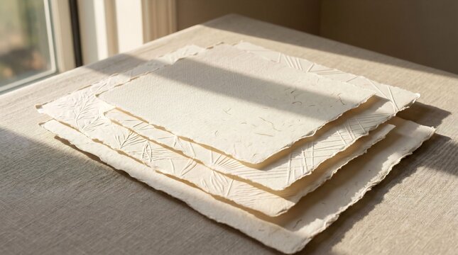 Stack of handmade paper with deckled edges and textures