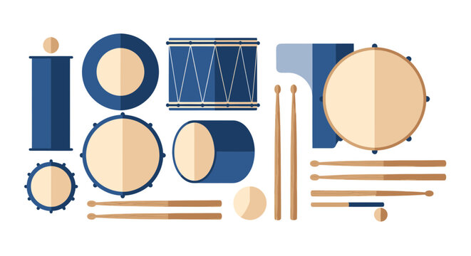 Collection of Blue Drums and Drumsticks, Percussion Instruments, Flat Design
