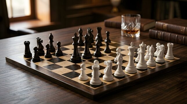 Chessboard with pieces set for strategic game in cozy library