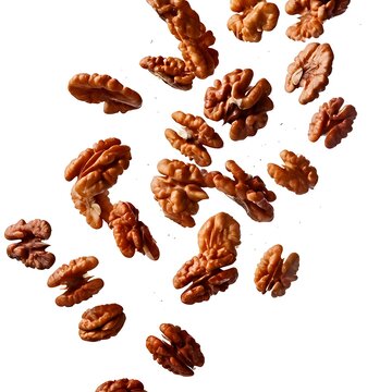 Isolated flying walnuts against a white backdrop