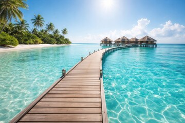 Obraz premium Tropical island boardwalk leading to overwater villas on turquoise lagoon with palm trees and sunny sky