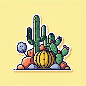 Colorful Cartoon Cactus Plants Group.