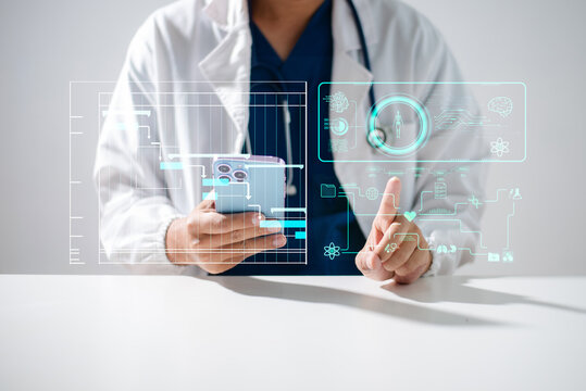 Medical professional using futuristic AI digital interface with healthcare data analytics and smart medical technology