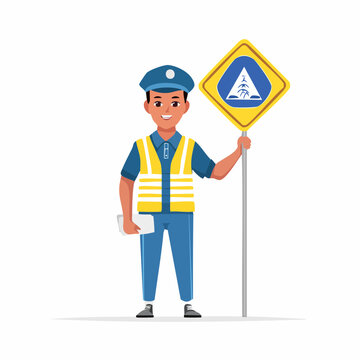 Traffic Controller Holding Pedestrian Crossing Sign