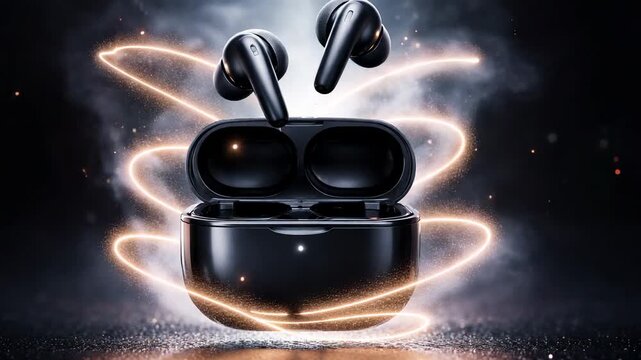 Wireless earbuds charging case with glowing light effects in futuristic technology product display