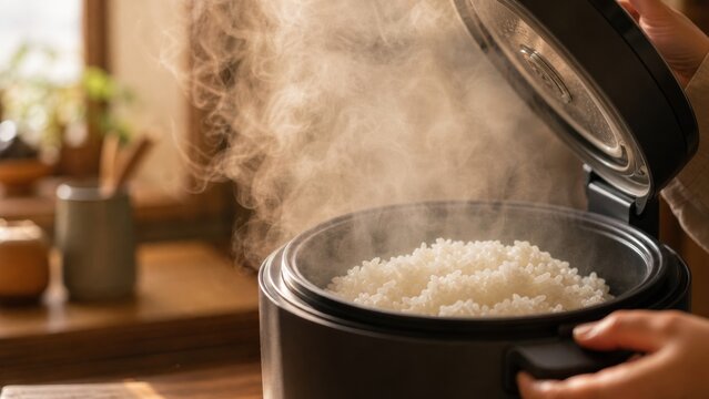 炊きたてご飯が湯気を立てる炊飯器