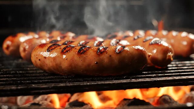 Juicy Sausages Grilling Over Open Flames on Charcoal Barbecue.