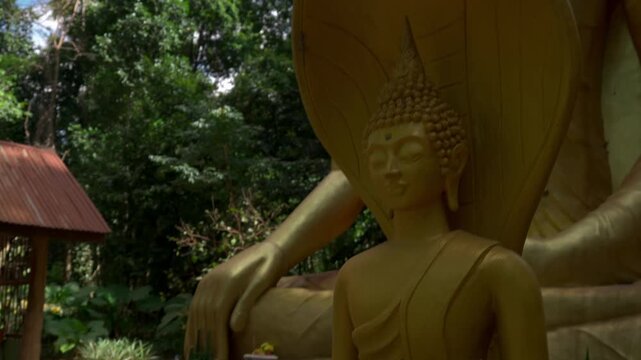 Tilt down from a large golden Buddha and naga statue to a smaller seated Buddha at Wat Pa forest temple in Laos.
