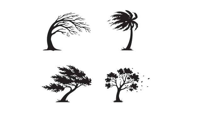 Windy tree silhouettes set, black palm and deciduous trees blowing in storm wind, 4 vector icons of extreme weather and hurricane conditions
