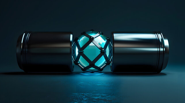 Flawless matte black titanium cylinder encapsulating a glowing cyan core