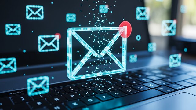 Digital email notification concept with glowing envelope icons on keyboard