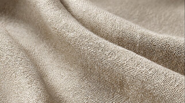 Natural beige linen fabric texture featuring detailed woven threads and soft elegant folds creating a warm organic surface for interior design and fashion projects
