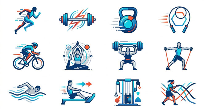 Collection of Fitness and Sports Icons Representing Healthy Lifestyle.