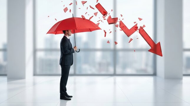 Businessman holding a red umbrella to protect against a falling market arrow representing financial risk management.
