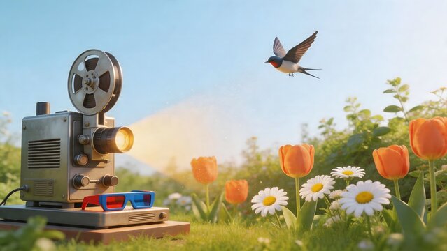 Vintage projector in flower field with bird