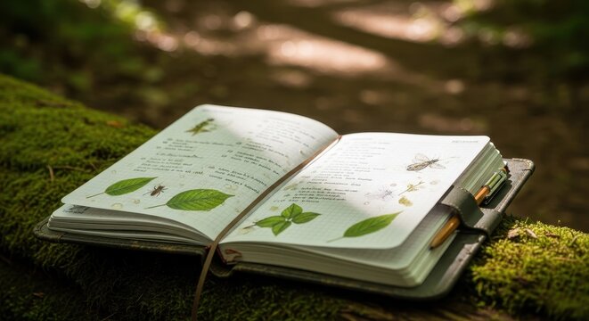 Waterproof Notebook Displays Botanical Illustrations in Natural Setting
