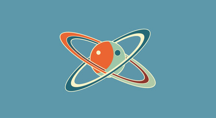 flat vector illustration of stylized planet with orbiting rings on teal background © Aku