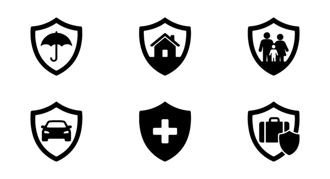 Set of insurance icons inside shields representing umbrella, house, family, car, medical cross, and travel luggage