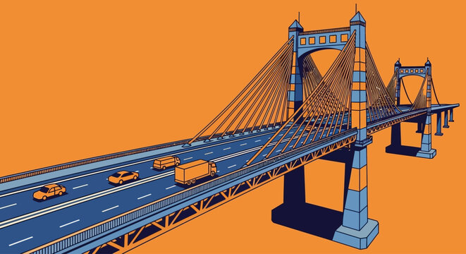 flat vector illustration of suspension bridge with vehicles on orange background