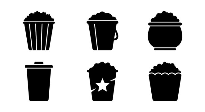 Set of popcorn bucket icons, cinema snack containers, movie theater food symbols
