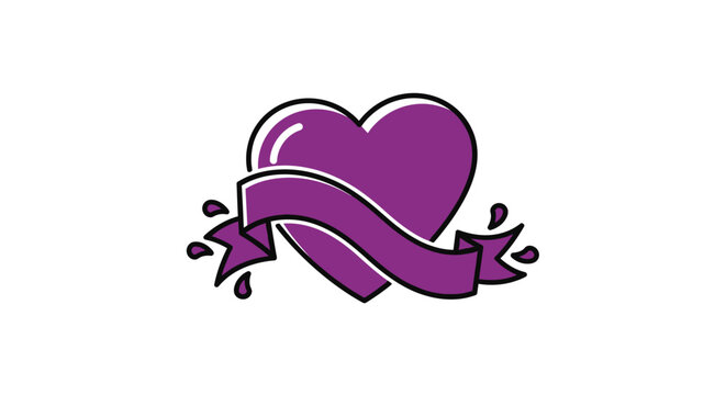 Purple Heart Shape Decorated with Ribbon Banner Illustration.