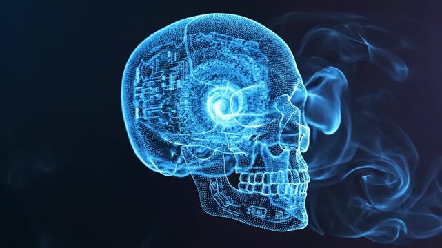 Futuristic digital hologram of a human skull with integrated circuit board representing artificial intelligence and cybernetics.