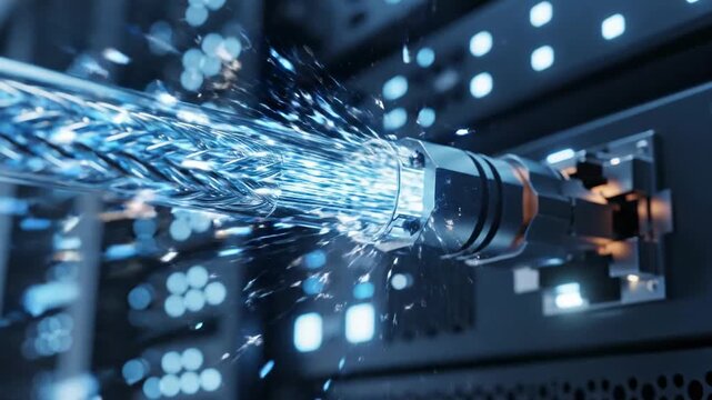High speed fiber optic cable connecting to a server for fast data transmission in a modern data center.