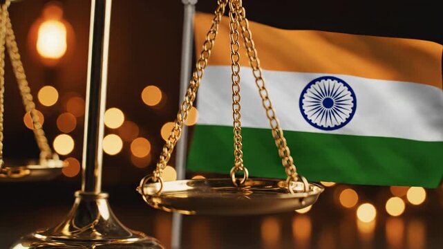 Golden scales of justice with the national flag of India representing the indian legal system and judiciary.