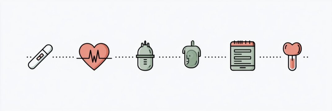 Icons display significant pregnancy milestones connected by a dotted line. The timeline covers from positive test to birth in a minimal flat style.