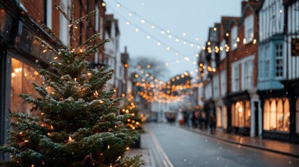 Naklejka premium Christmas tree adorned with lights in a quaint street lined with shops, illuminated by festive string lights during a snowy evening in a charming town