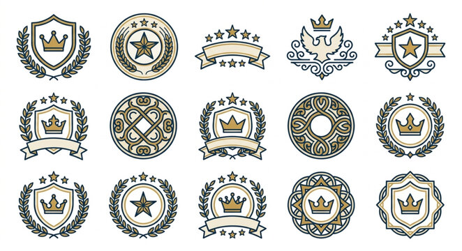 Collection of Vintage Emblems and Badges with Crowns and Laurel Wreaths.