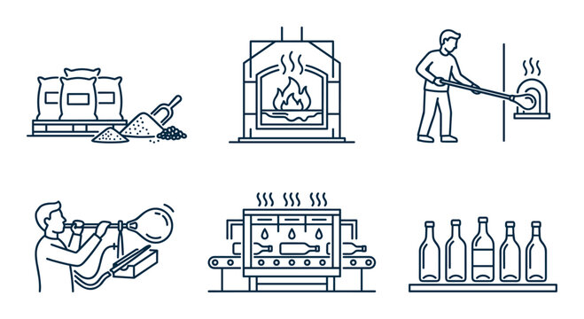 Glass bottle factory production line process line icons