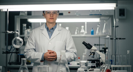 Fototapeta premium Professional Female Scientist Standing in Modern Laboratory Research Facility with Microscope and Glassware