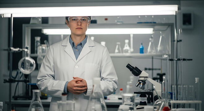 Professional Female Scientist Standing in Modern Laboratory Research Facility with Microscope and Glassware