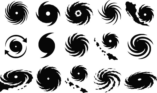 Hurricane symbol typhoon cyclone silhouettes vector icon set isolated