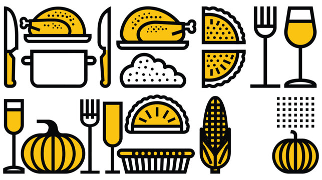 Thanksgiving holiday meal food and drink yellow line art icon set