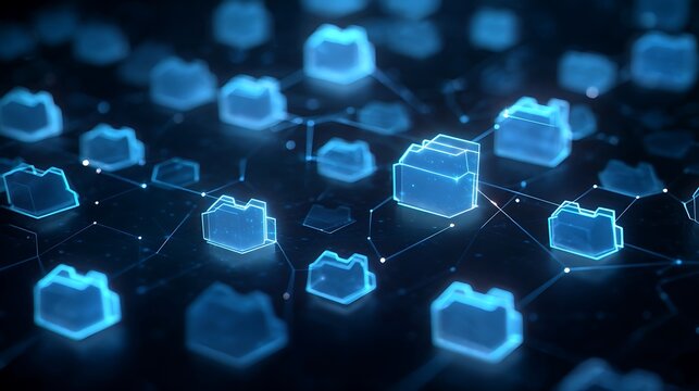 Digital data management system featuring glowing blue folder icons connected by network lines representing secure cloud storage and information organization in a dark tech space