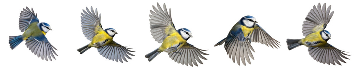 Eurasian Blue Tit Birds in Flight Collection Isolated on White Background, Flying Cyanistes Caeruleus Set, Small Yellow and Blue Songbirds Wings Spread Stock Photo Elements © Dynamic Shoots