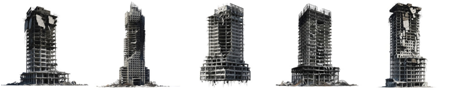 Destroyed Ruined Skyscrapers Set Isolated on White Background, Damaged Abandoned Modern High Rise Buildings Collection, Post Apocalyptic Urban War Debris 3D Render
