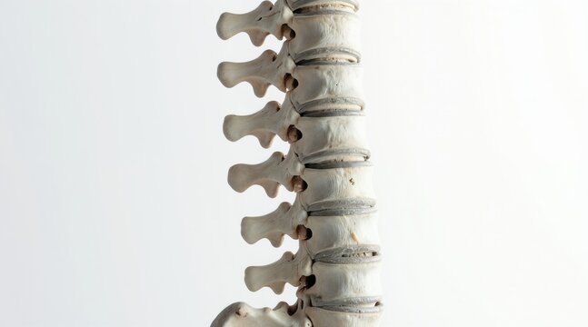 Human spine model showing vertebrae alignment and structure. Bone segments form a support column for body posture and motion. Medical and scientific education tool for anatomy study.
