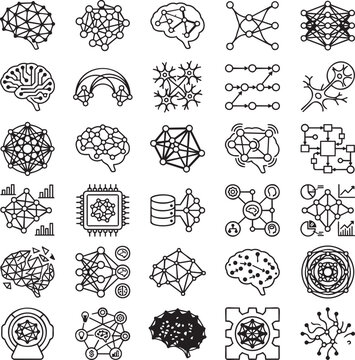Brain Mapping & Connectomics Line Icons Set &ndash; 30 Minimal Black Outline Vector Icons for Neural Circuits, Connectome Mapping & Brain Network Visualization