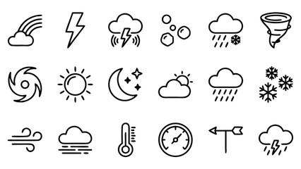 Obraz premium Set of 18 Weather Phenomena Line Icons Featuring Rainow, Lightning, Thunder, Hal, Sleet, Tornado, Hurricae, Sun, Moon, Stars, Cloud, Rain, Snow, Wind, Fog, Termometer, Barometer, and ind Vane.