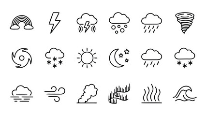 Obraz premium Set of 18 Weather Phenomena Line Icons Featuring Rainow, Lightning, Thunderstor, Hail, Rain, Tornado, Huricane, Snow, Sun, Moon, Wid, Fog, Aurora, and Natura Disasters for MeteorologyDesign.