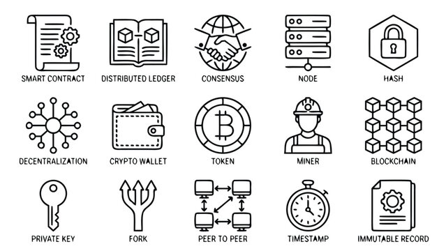 Set of 15 Modern Blockchain Technology Line Icons Featuring Smart Contract, Distributed Ledger, Consensus, Node, Hash, Decentralization, Crypto Wallet, Token, Miner, Fork, and Private Key Symbols.