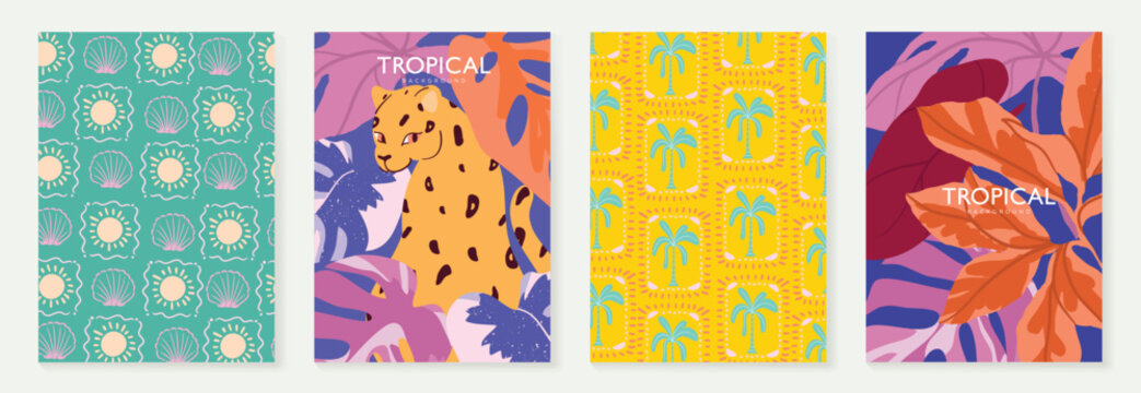 Tropical summer pattern and poster collection with leopard, shells, suns, palm trees, bold leaves and colorful jungle background vector set.