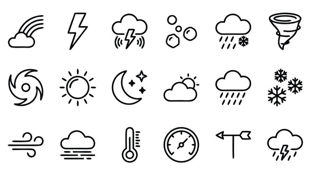 Set of 18 Weather Phenomena Line Icons Featuring Rainow, Lightning, Thunder, Hal, Sleet, Tornado, Hurricae, Sun, Moon, Stars, Cloud, Rain, Snow, Wind, Fog, Termometer, Barometer, and ind Vane.