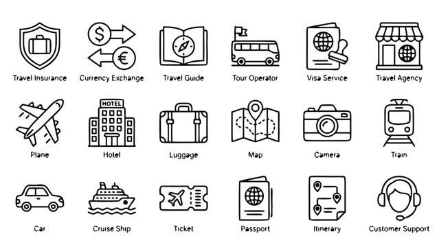 18 Travel Services Line Icons Set: Travel Insurance, urrency Exchange, Guide, Tur Operator, Visa Service,Agency, Plane, Hotel, Luggge, Map, Camera, Train, Ca, Cruise Ship, Ticket, Pasport,