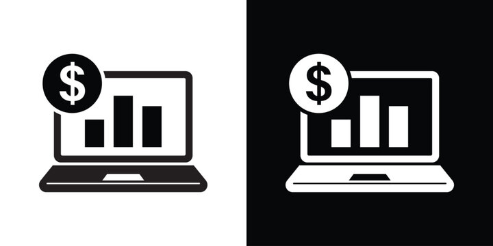 Online business revenue and financial analysis icon. Vector laptop showing growth bar charts and a dollar sign coin on black and white backgrounds.